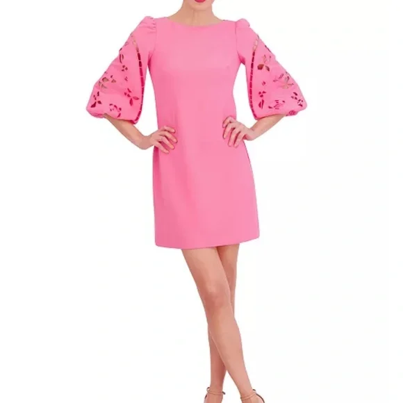 NWT Vince Camuto Pink Eyelet Sleeve Shift Dress Puff Sleeve Mini ~ Size 12 🌺 - Picture 3 of 12